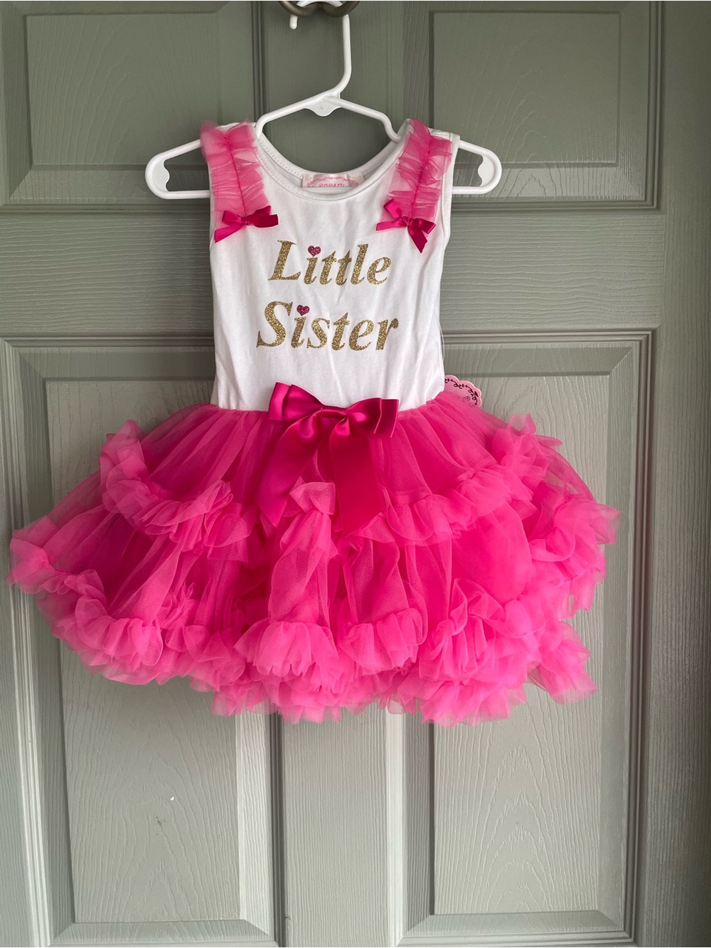Little Sister Tutu Dress NWT size 24months Hot Pink, Gold Glitter, and White